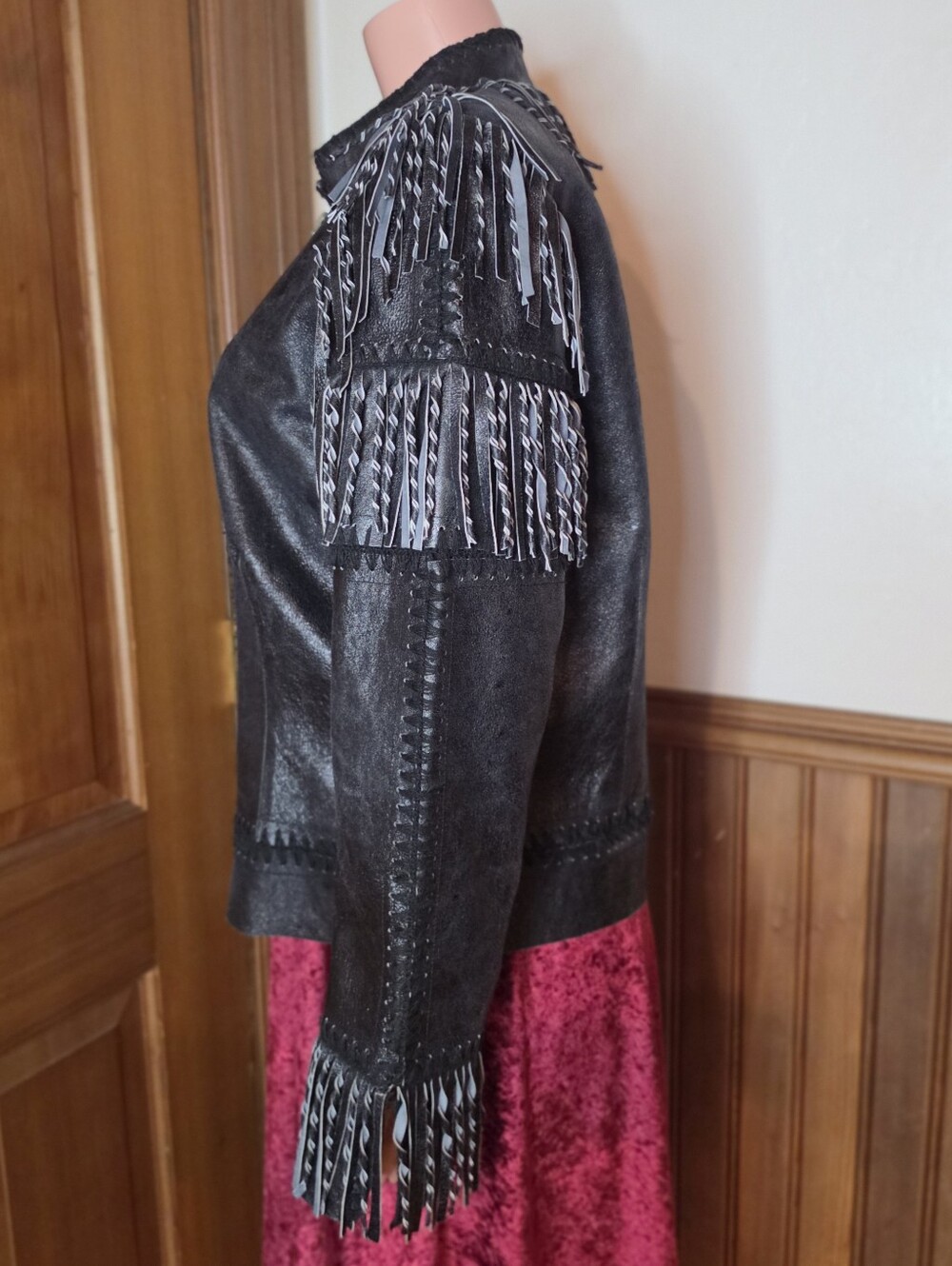 NWOT Vntg Double D Ranch Paint Your Wagon Black Leather Fringe Whipstitch Jacket - Picture 5 of 12